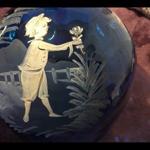 ANTIQUE MARY GREGORY HAND PAINTED & ETCHED COBALT BLUE WATER PITCHER